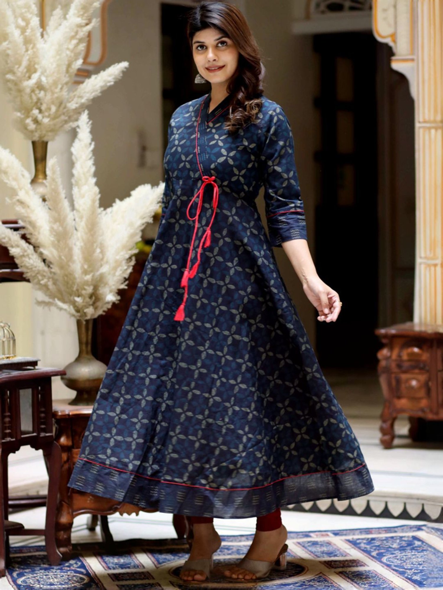 Miravan Blue Cotton Angrakha Printed Kurta