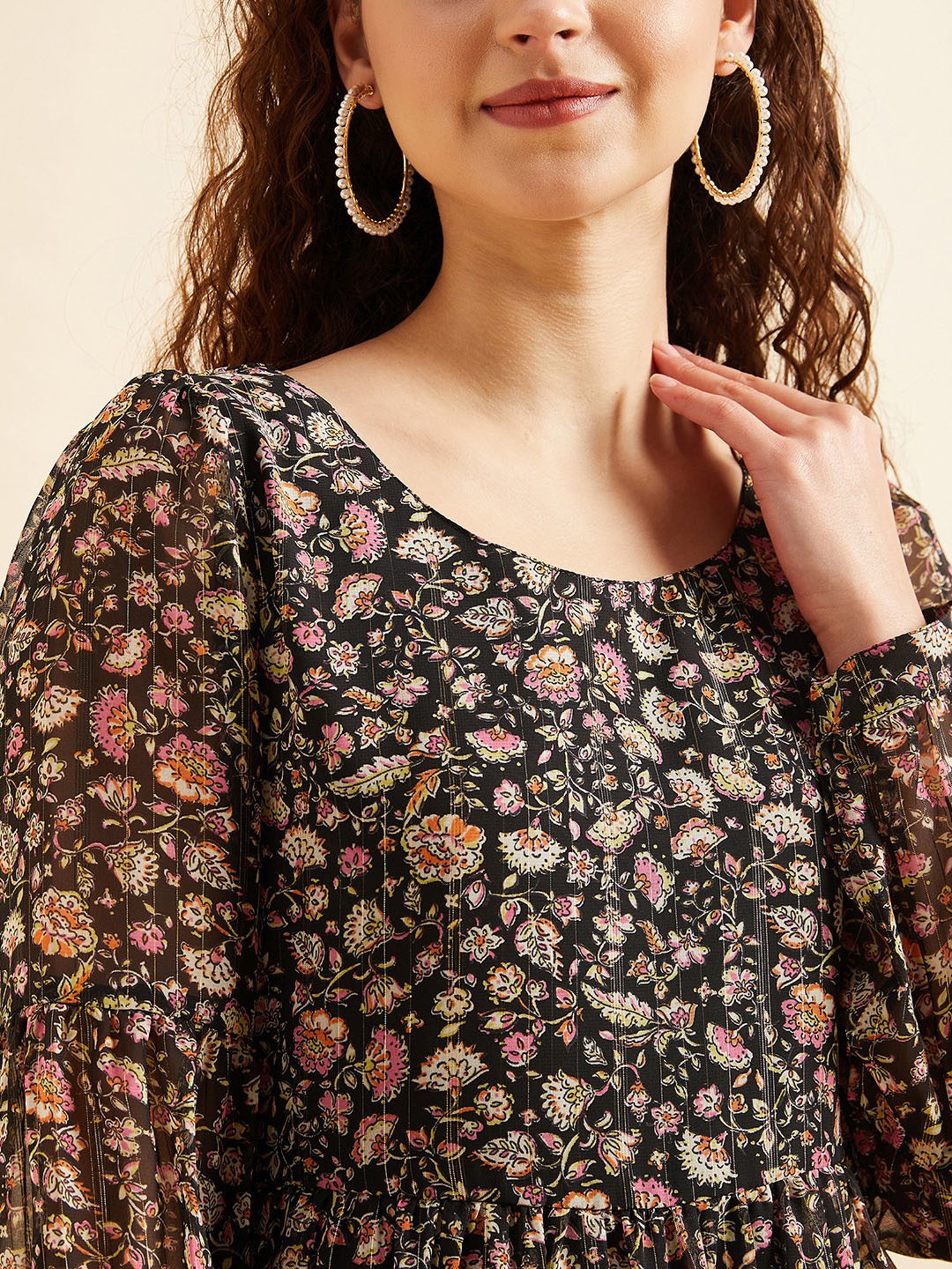 Saffron Threads Black Cotton Floral Print Ethnic Dress