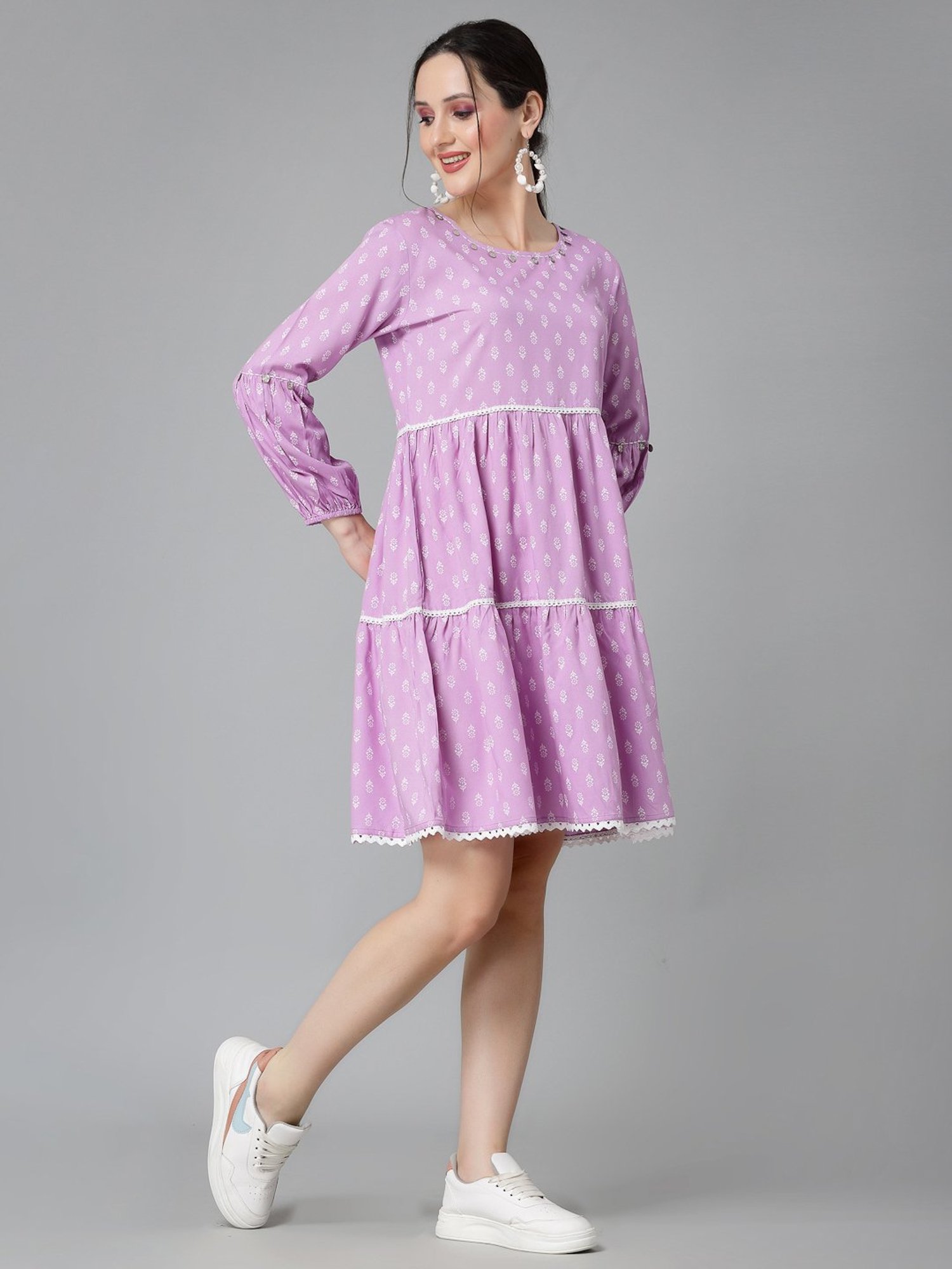 Stylum Lavender Rayon Floral Print Tiered Dress