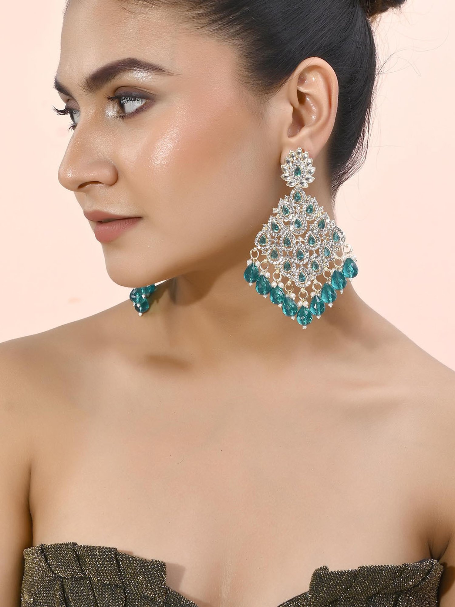 VOJ Traditional Gold Plated Green & White Ad Stone Statement Earrings for Women