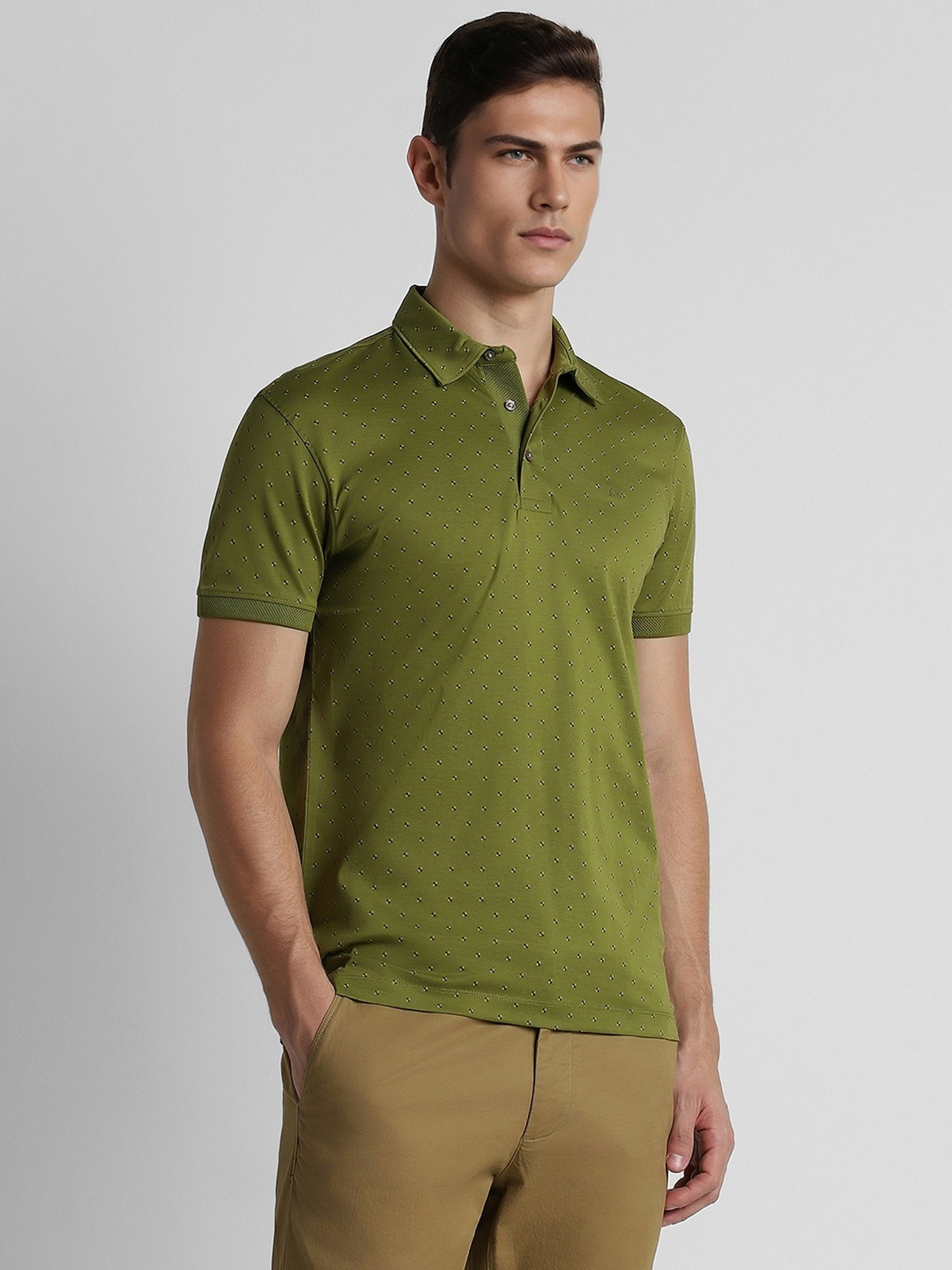 Peter England Green Cotton Slim Fit Printed Polo T-Shirt
