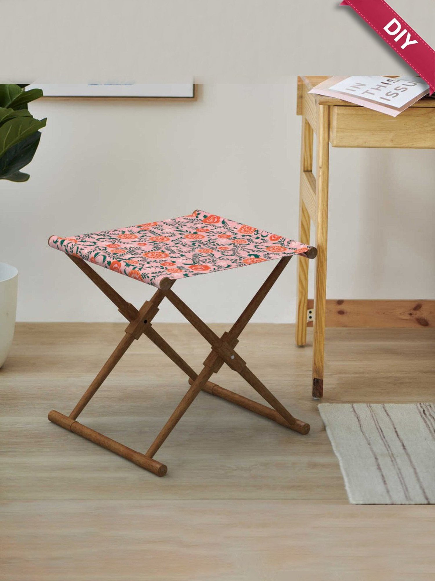 Chumbak French Sahara Solid Mustard Yellow Wood Ottoman