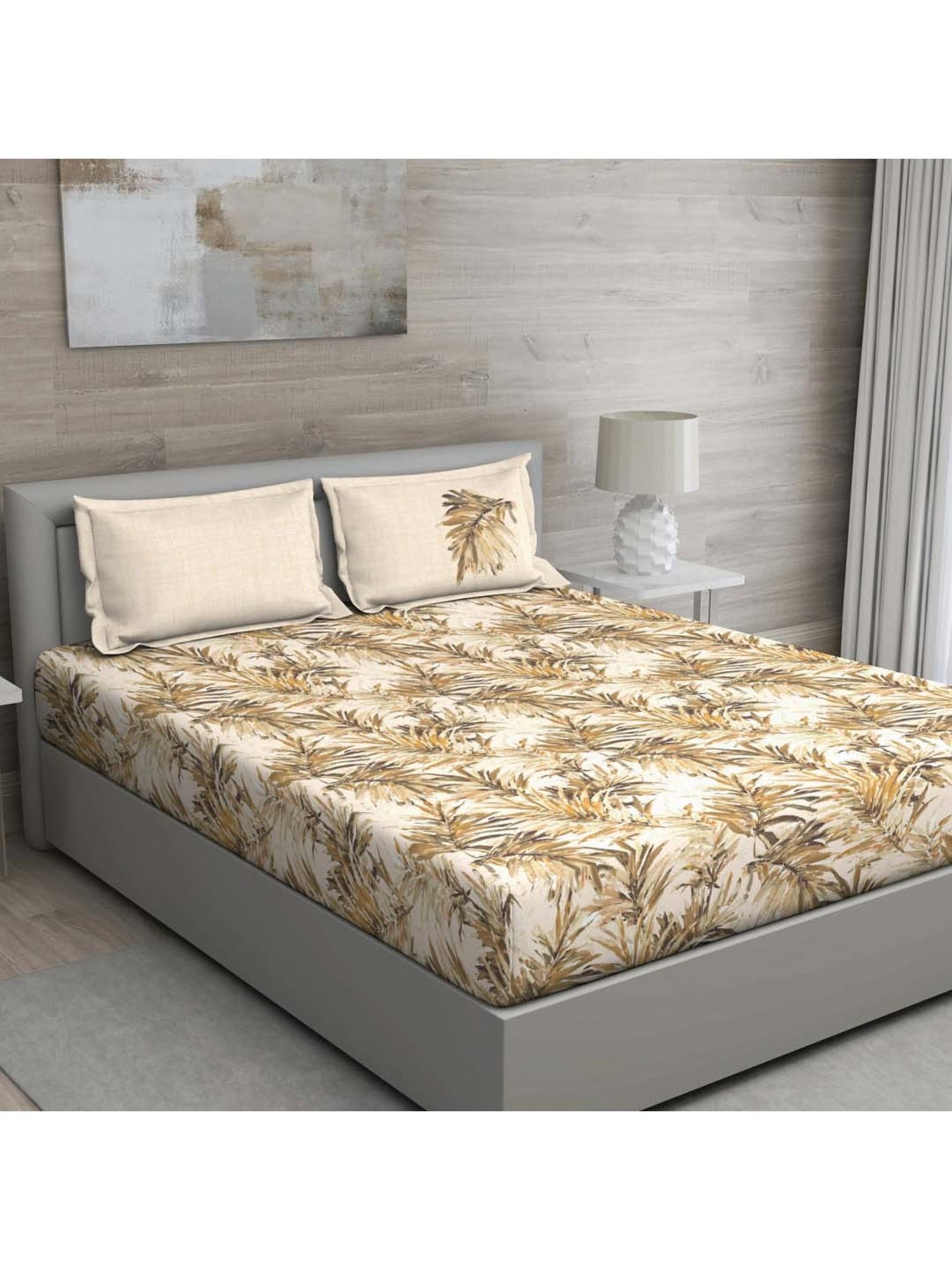 GM 'Matthiola' Brown & Beige Cotton 150 TC Double Bedsheet with 2 Pillow Covers