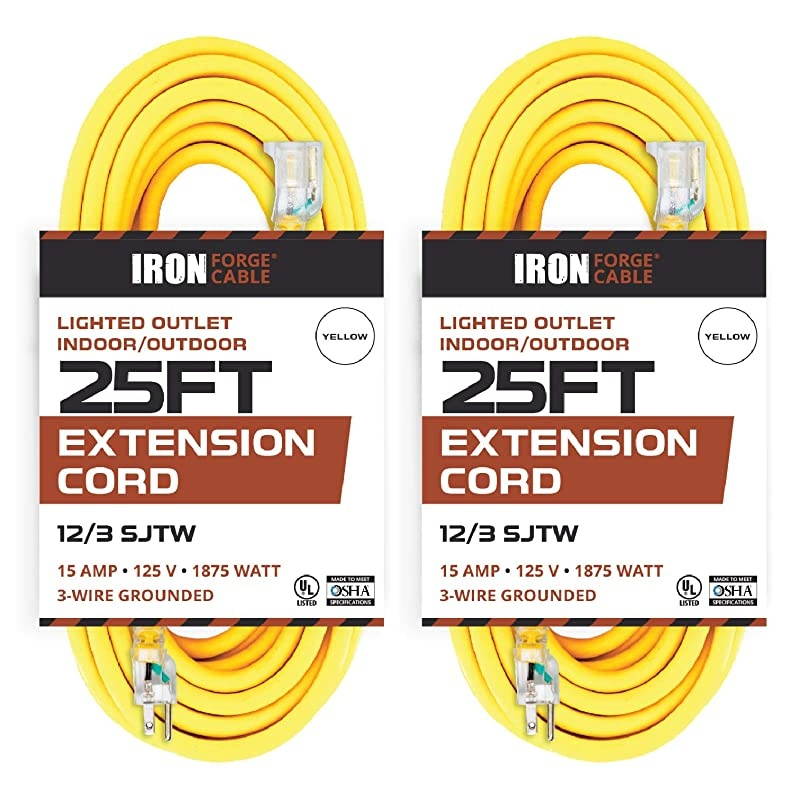 Pack of 5 Foot Outdoor Extension Cords 13 SJTW Heavy Duty Lighted Yellow Extension Cable with 3 Prong Grounded Plug for Safety Great for Garden and Major Appliances