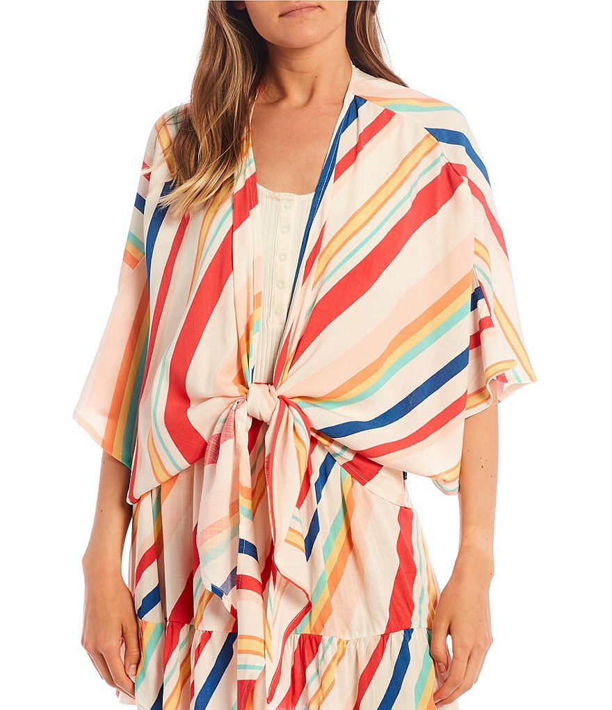 Hurley Short-Sleeve Tie-Front Striped Short Kimono