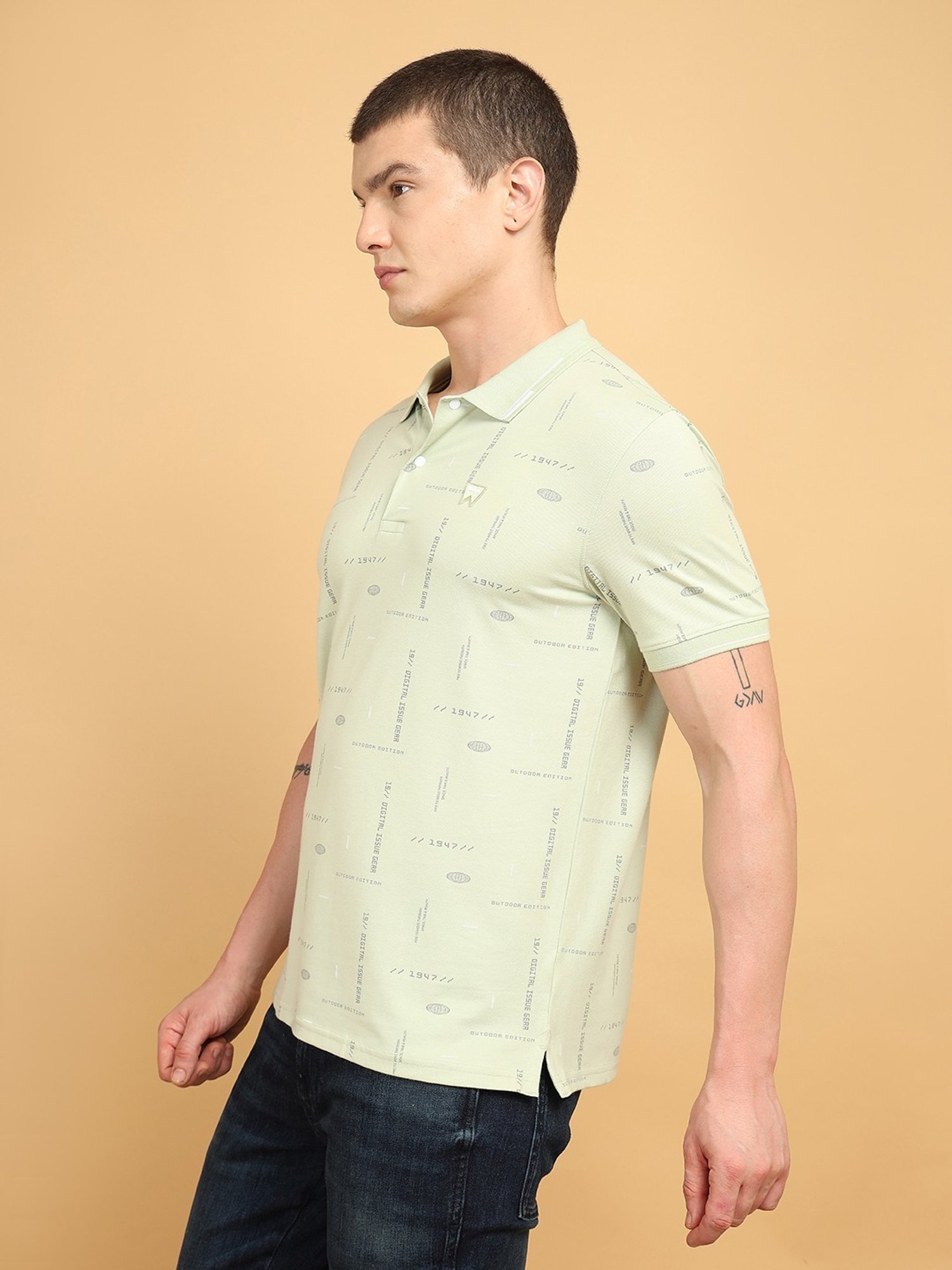 Wrangler Light Green Regular Fit Printed Polo T-Shirt