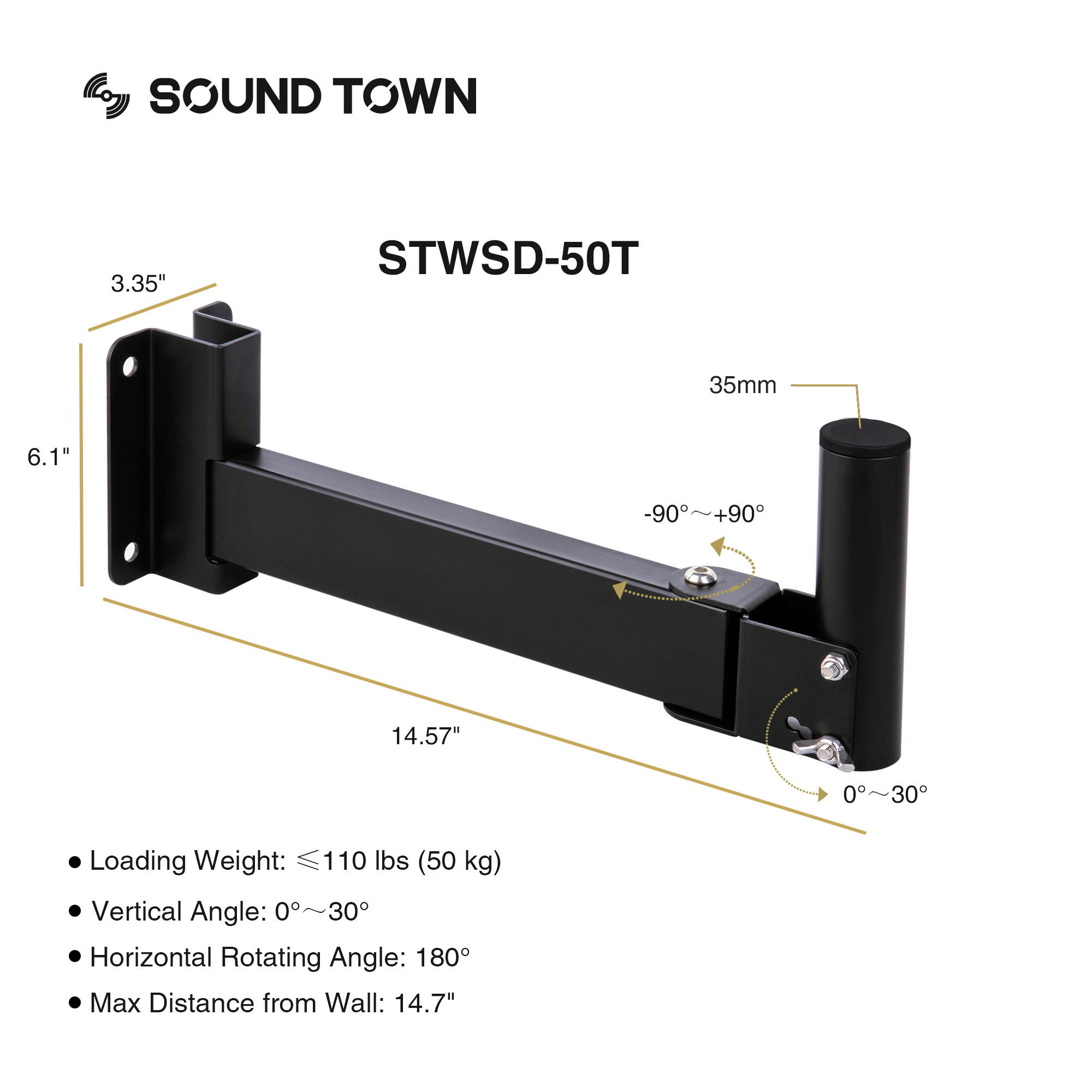 Sound Town 2-Pack Adjustable Wall Mount Speaker Brackets with 180-degree Swivel, 30-degree Angle Adjustment (STWSD-50T-PAIR)