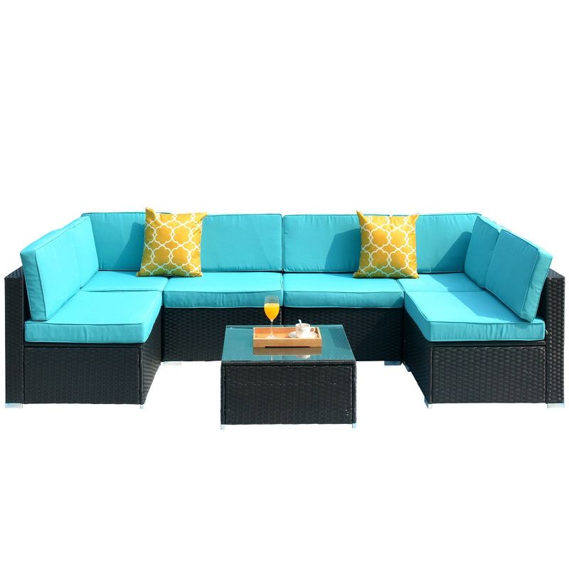7pc Rattan Wicker Patio Sectional Sofa Set with Cushions & Pillows - Art Leon