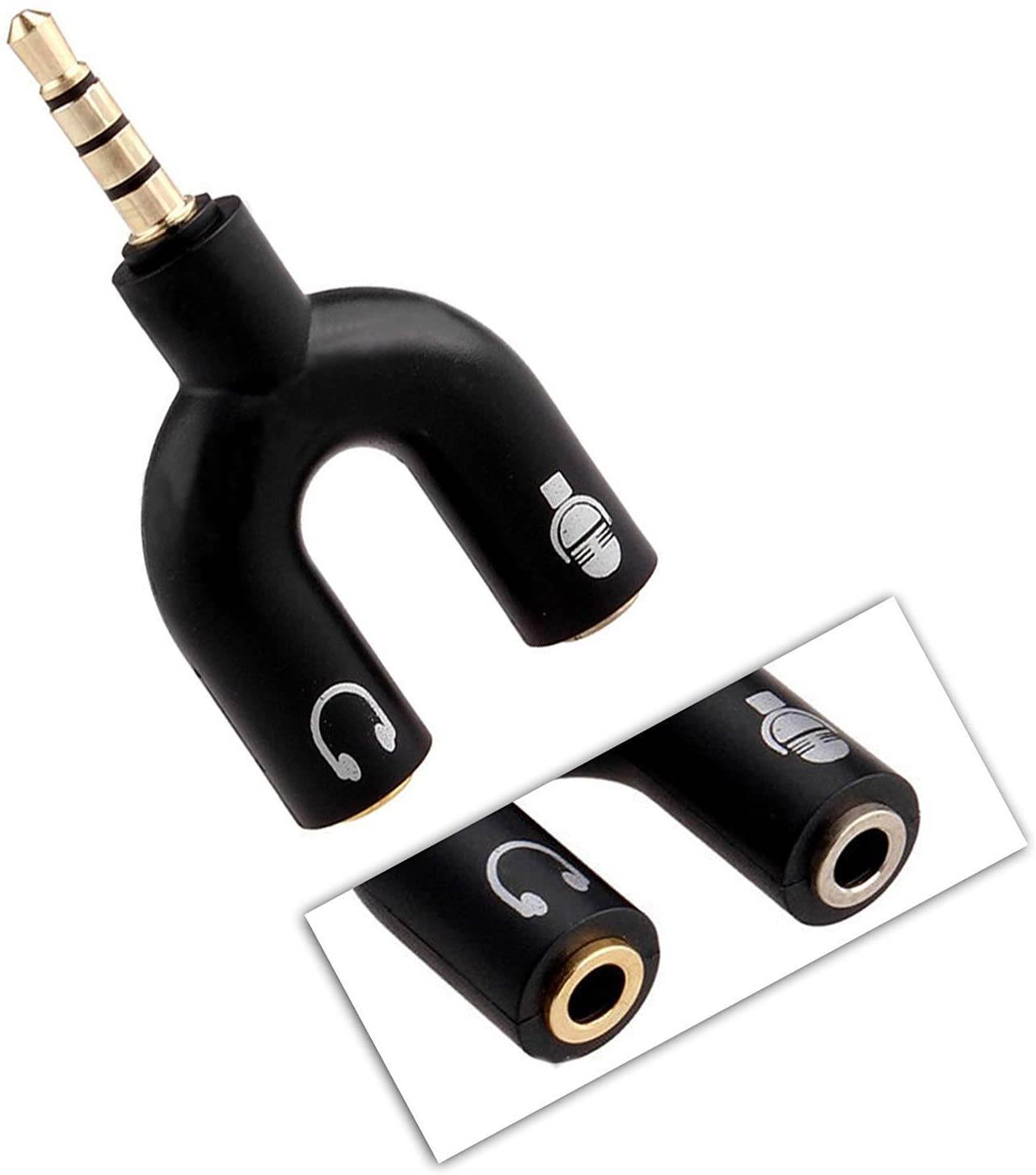 2 Pack Headset Splitter Adapter, U Shape 3.5mm 4 Pole Male to 2 x 3 Pole Female Headphone Y Splitter for Audio Stereo Headphone and MIC for Phones, Computers, MP3, Tablet Black Color