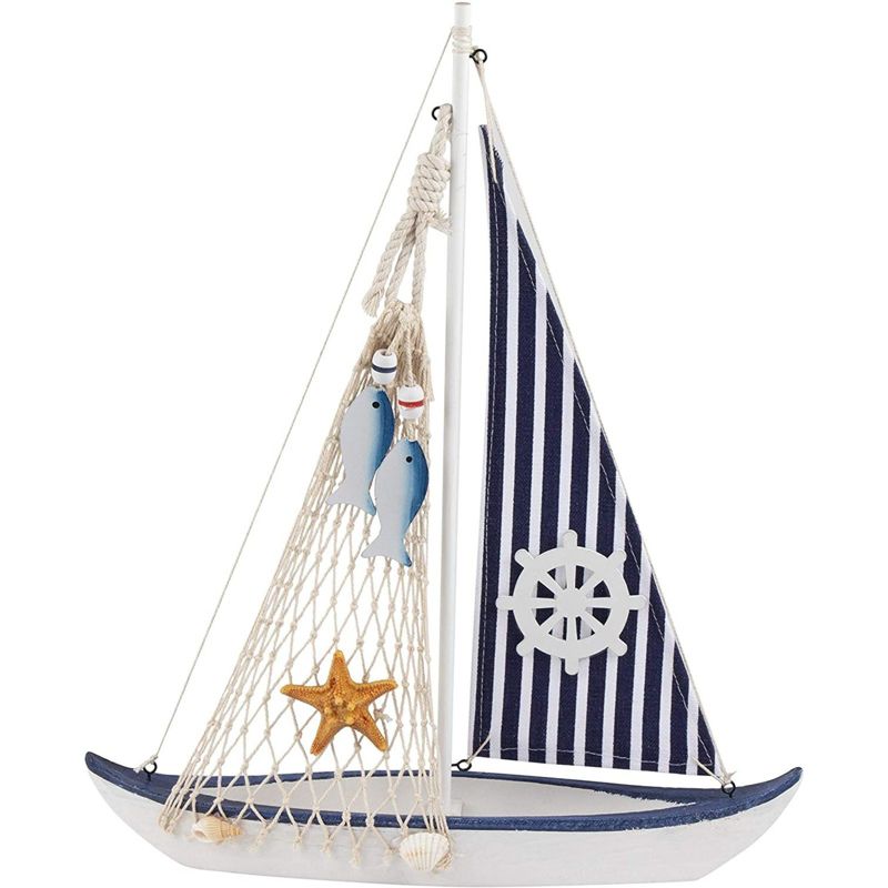 Juvale Wooden Sailing Boat Home Decor, Beach Nautical Design Sailboat with Ship's Wheel, 13 x 15 x 3 In