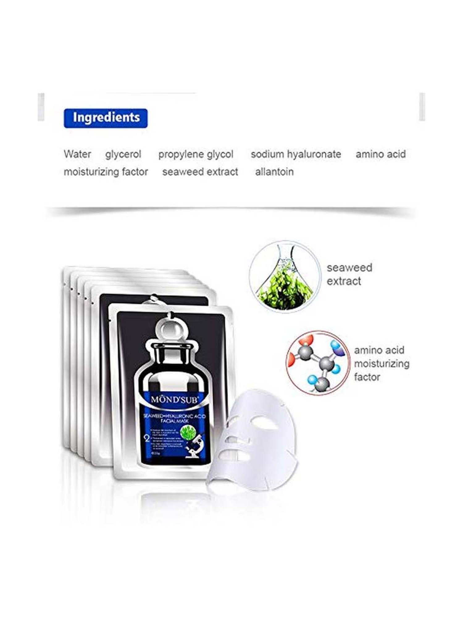 MONDSUB Algae(Seaweed)+Hyaluronic Acid Face Sheet Mask (Pack of 6) - 20 gm Each