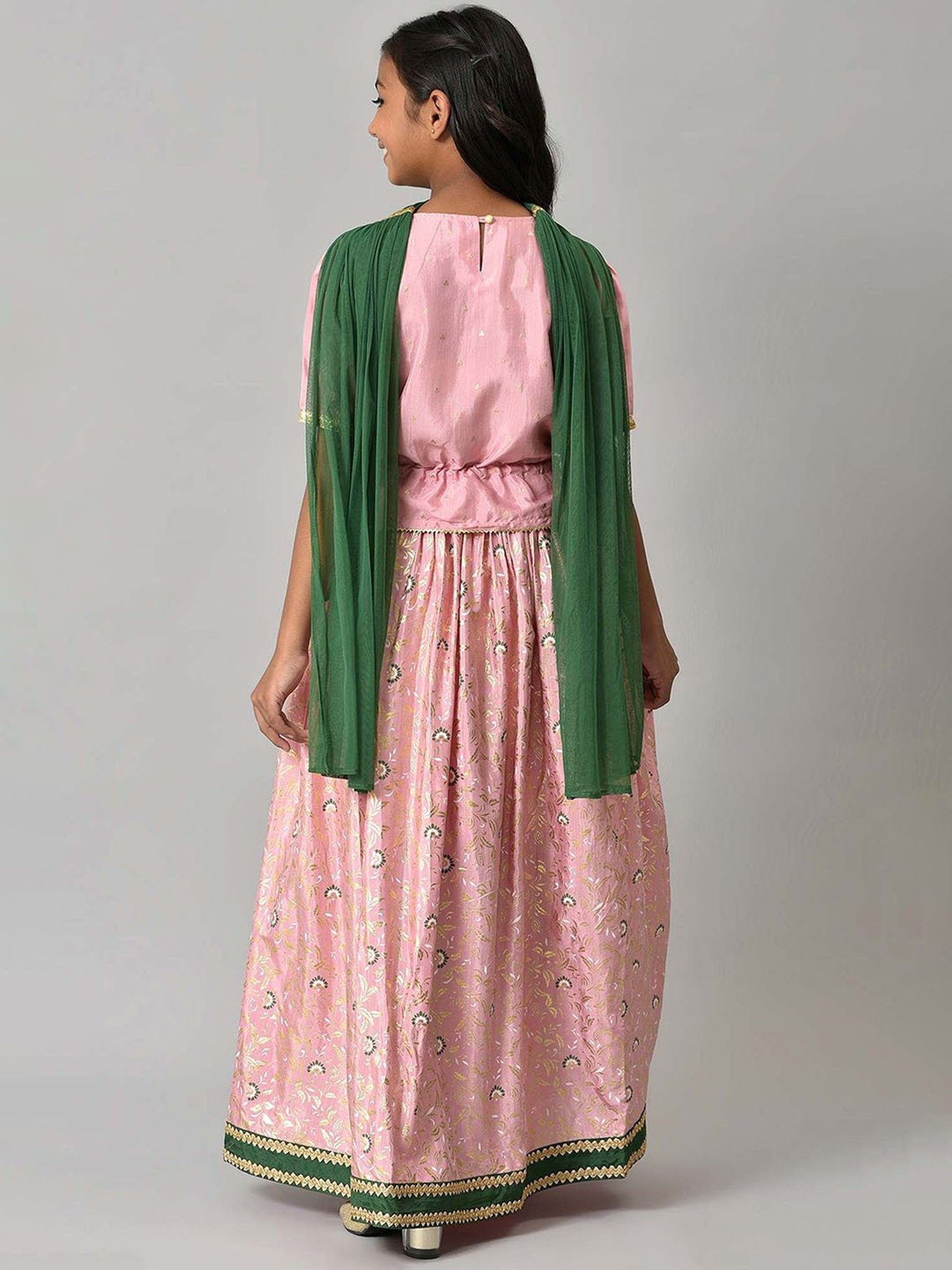 Aurelia Kids Pink & Green Embroidered Top, Skirt with Dupatta