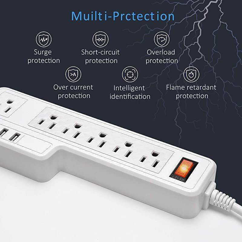 Mountable Surge Protector Power Strip  98ft 6 Outlets 4 USB Ports Electric Power Outlet with Right Angle Flat Plug Electric Long Extension Cord Power Charging Station for Home Office White