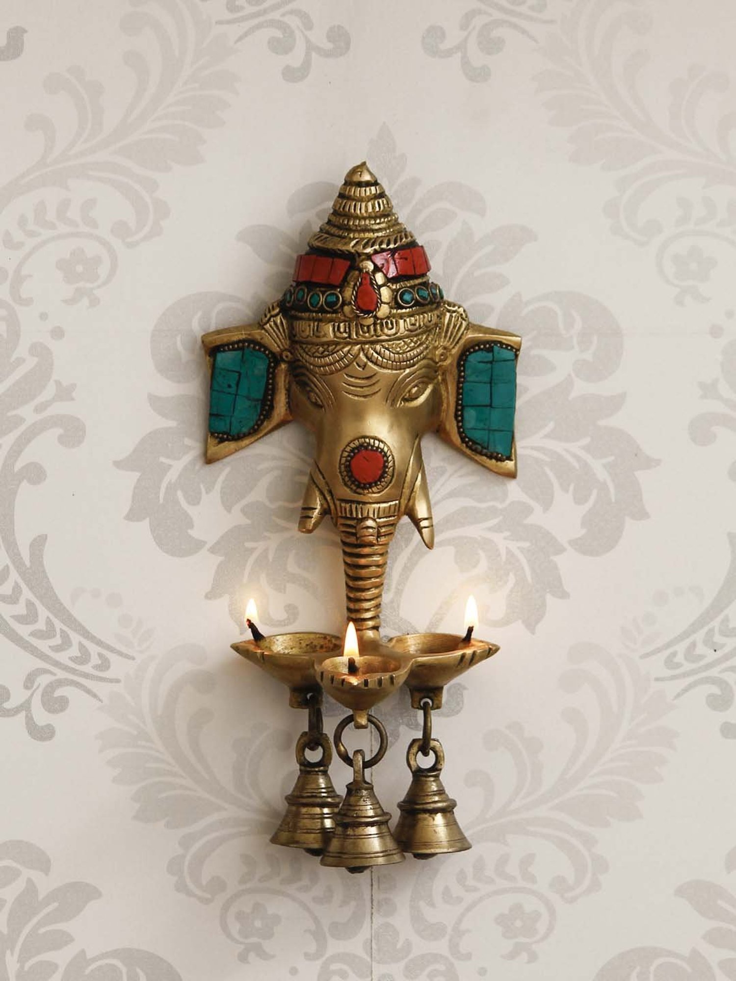 eCraftIndia Golden Brass Lord Ganesha Wall Hanging Decorative Diya - Set of 1