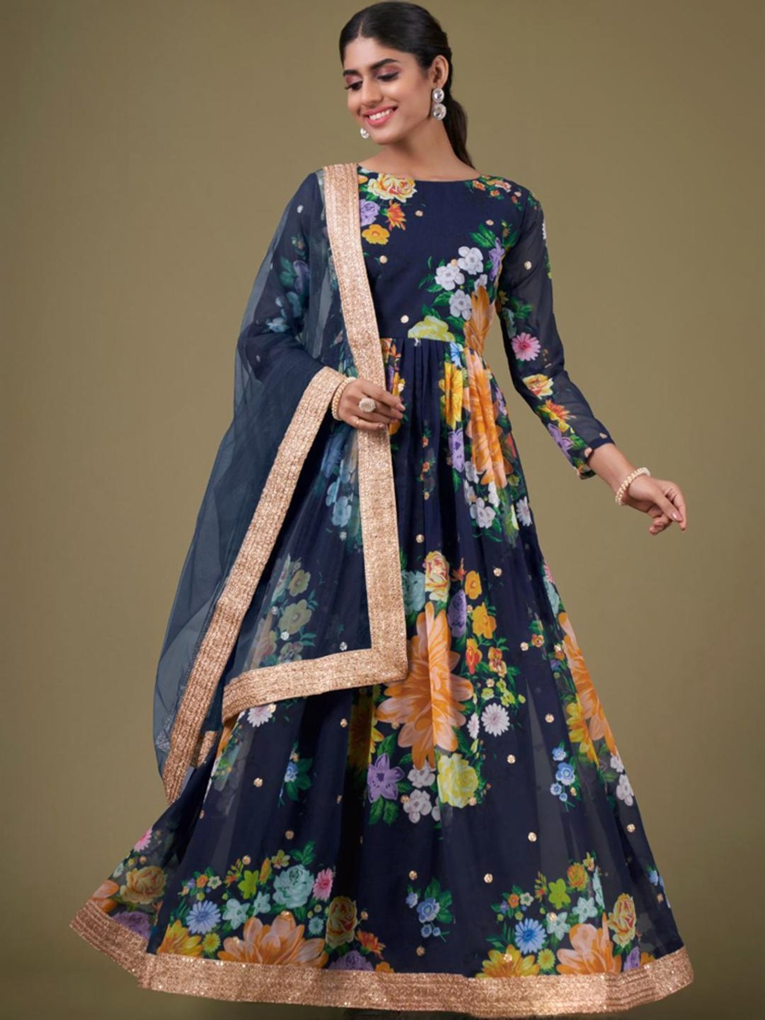 Odette Navy Floral Print Unstitched Dress Material