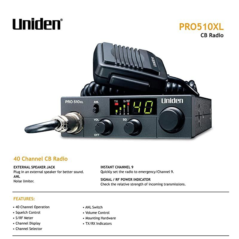 PRO510XL Pro Series 40Channel CB Radio Compact Design Backlit LCD Display Public Address ANL Switch and 7 Watts of Audio Output Unique PLL Circuit SRF LED Meter