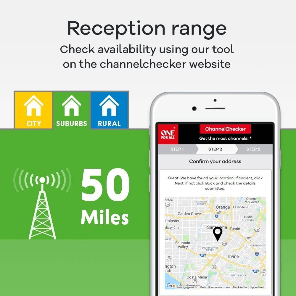 One For All Amplified HDTV Antenna for 1080P 4K Free TV Channels, 50 Miles Long Reception Range, External Signal Booster and 10ft Coax Cable Included, Thin Dual Color Design White/Black, Model 14541