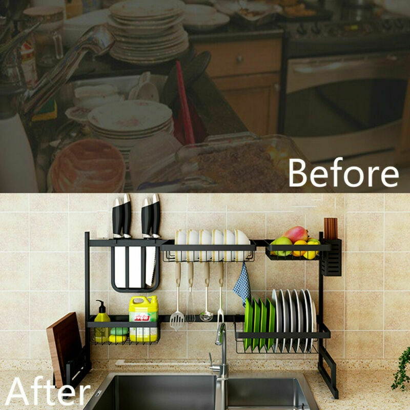 Over Sink Dish Drying Rack 2-Tier Stainless Steel Kitchen Cutlery Holder Shelf