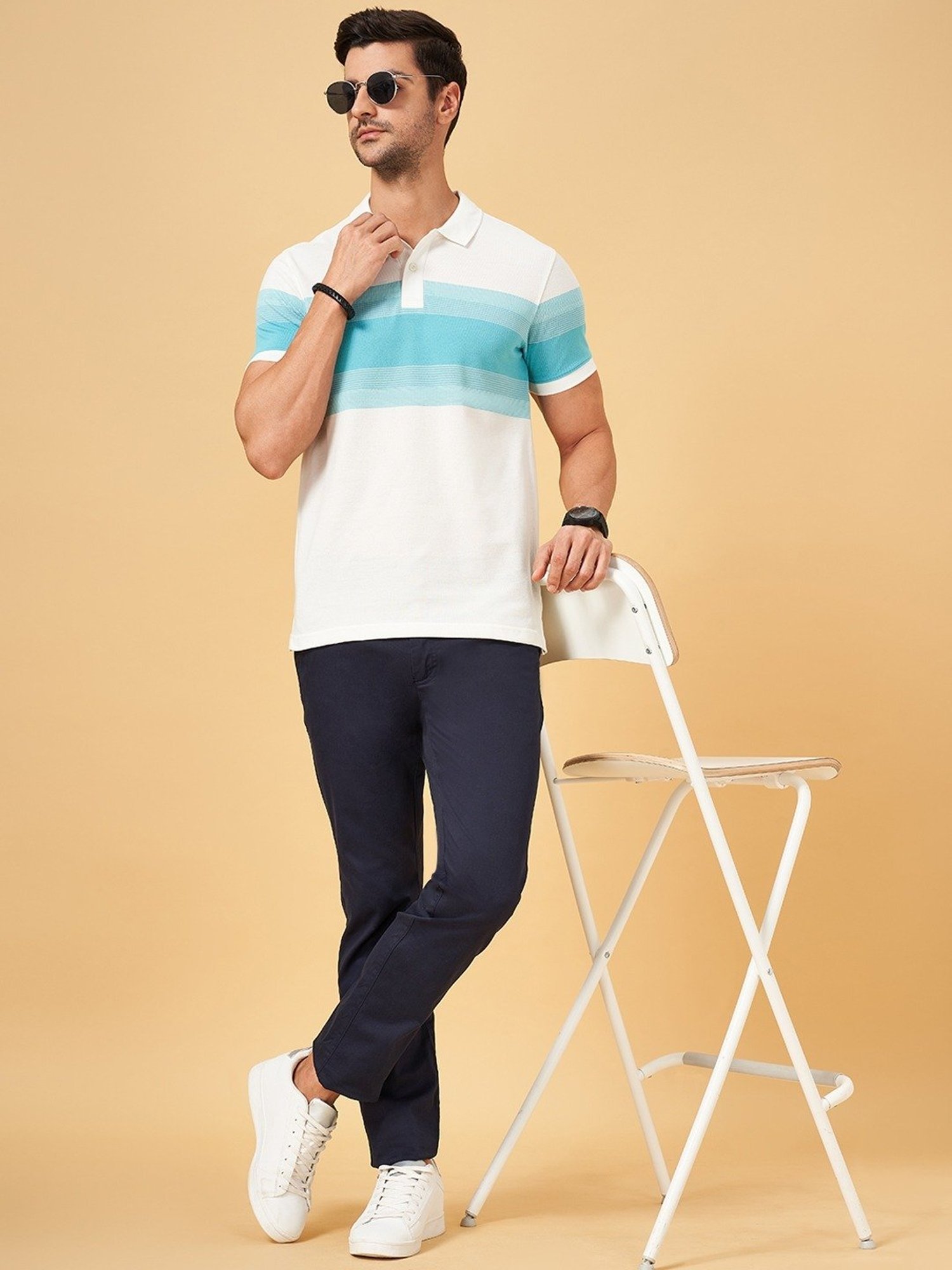 Byford By Pantaloons White Slim Fit Striped Polo T-Shirt