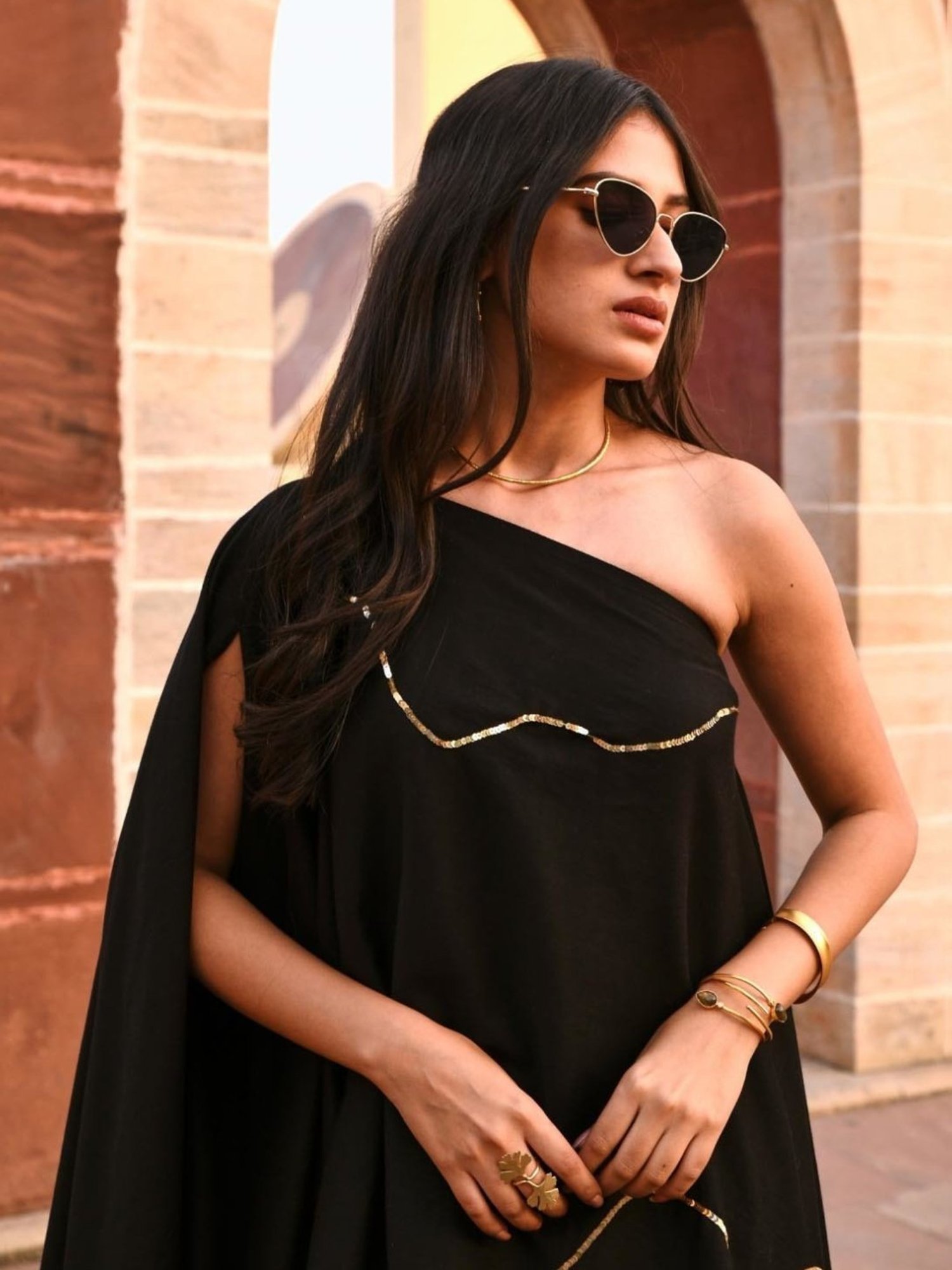 Gulaal Black Tiana Off Shoulder Kaftaan With Pant