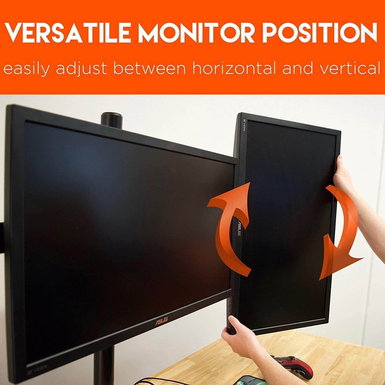 Triple Monitor Desk Mount Stand for 3 Screens Up to 27" - Adjust Tilt, Orientation & Swivel of Each Monitor Without Tools - Lock-Down Height Adjust Eliminates Screen Wobble