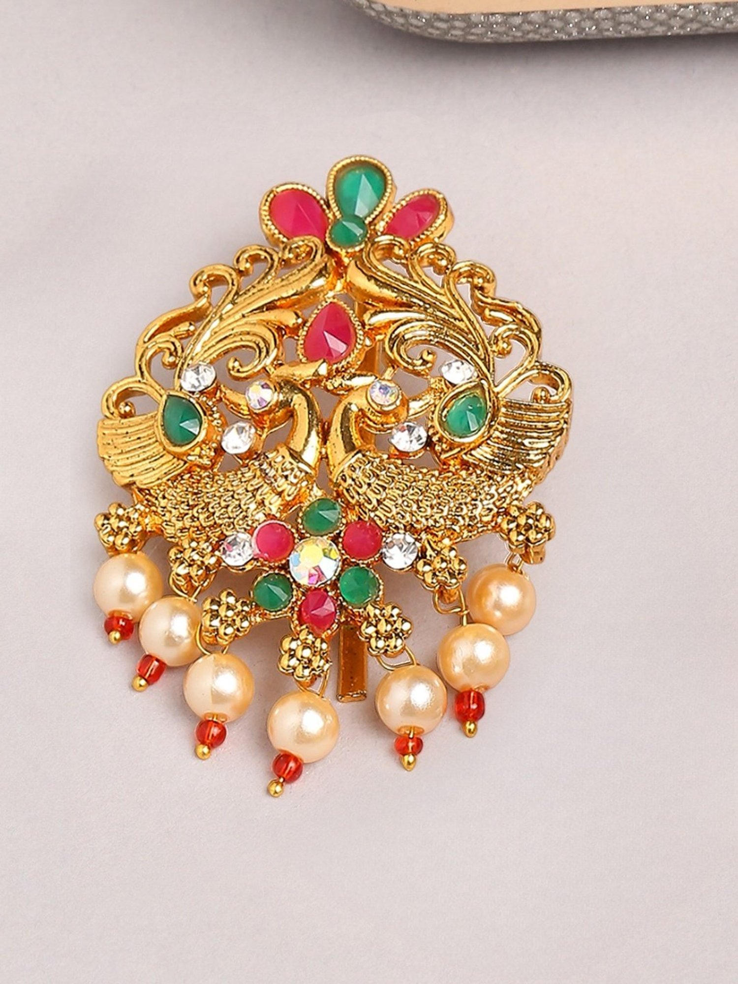 OOMPH Red Maroon & Green Stones Ethnic Peacock Design Hair Bun Pin Juda Pin