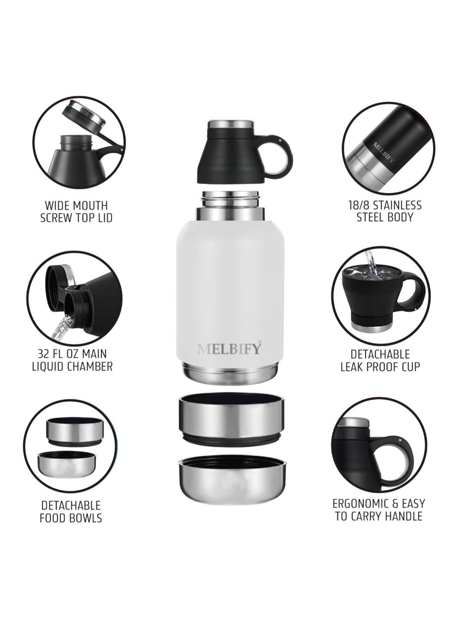 Melbify 3-in-1 Thermos Flask White ThermoSteel Water Bottle (1L)