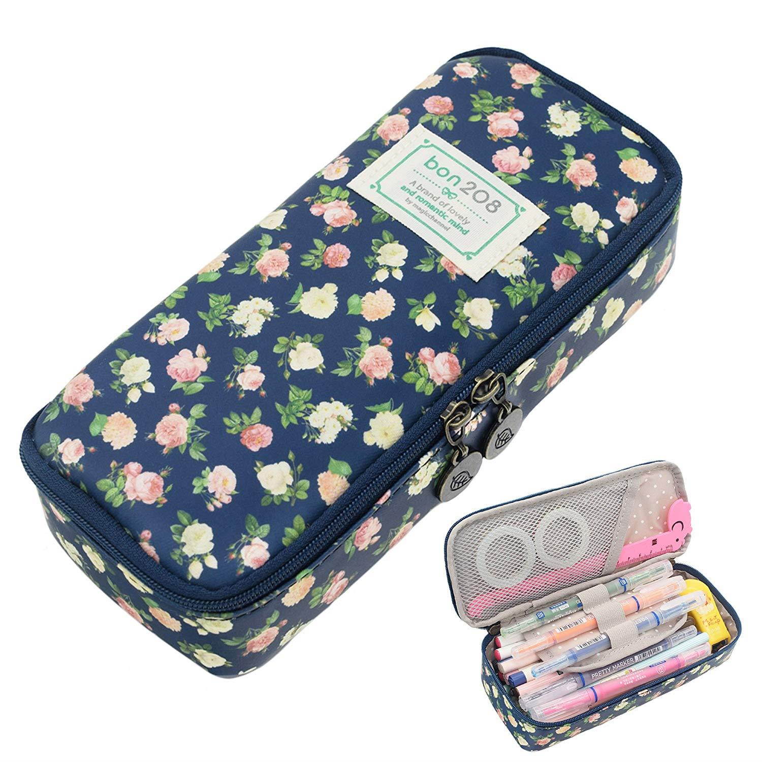 Pencil Case, Twinkle Club Cute Pen Case Zipper Bag Office Organizer Rose Floral Makeup Pouch, Cyan