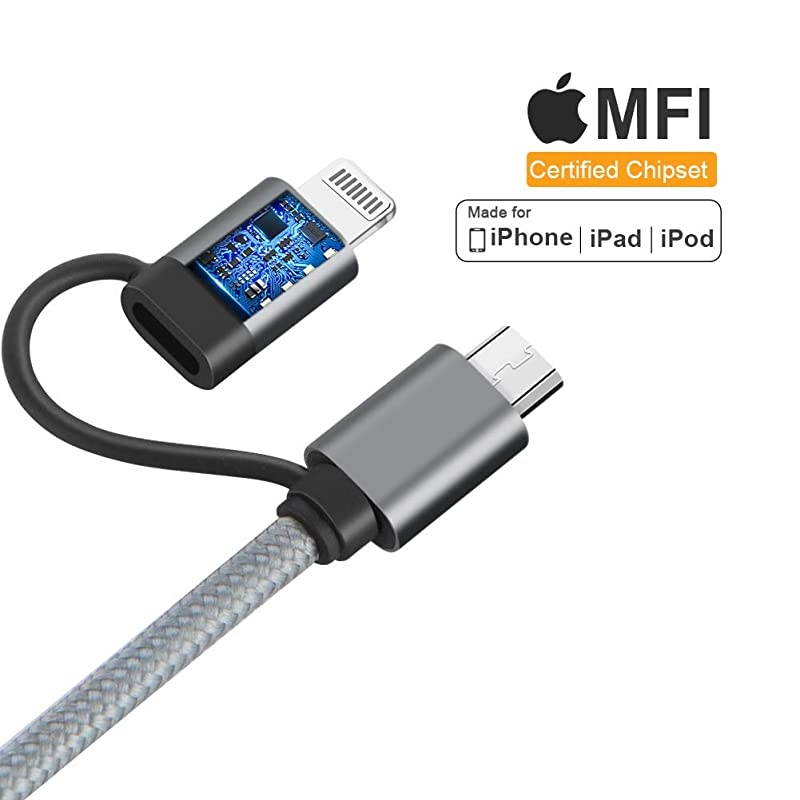 4FT 2in1 iPhone and Android Charging Cable  MFi Certified Lightning and Micro USB to USB Charge Data Cord Compatible iPhone 12 11 X 8 8 Plus7 Samsung Nexus LG HTC Gray