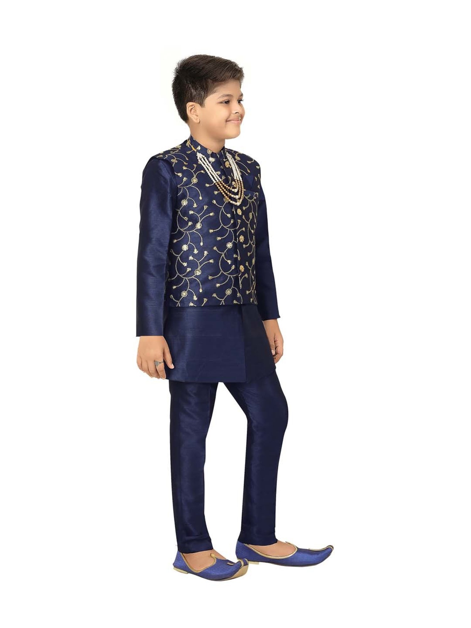 Ahhaaaa Kids Navy Cotton Embroidered Full Sleeves Kurta Set
