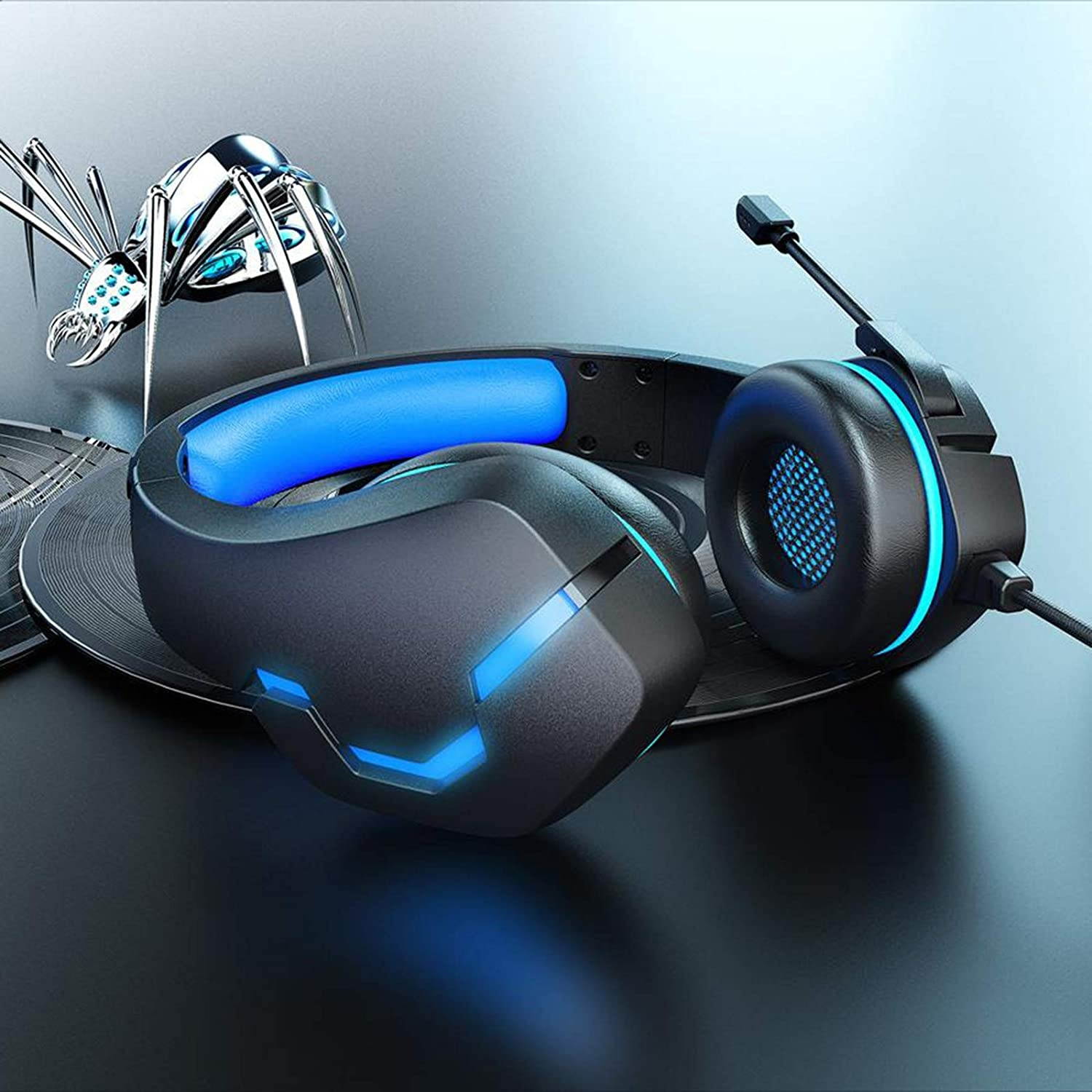 MagiDeal J10 Gaming Headset with Noise Cancelling Mic, Deep bass Stereo Soft Earmuffs Headphone with 3.5MM Jack & LED - Black Blue