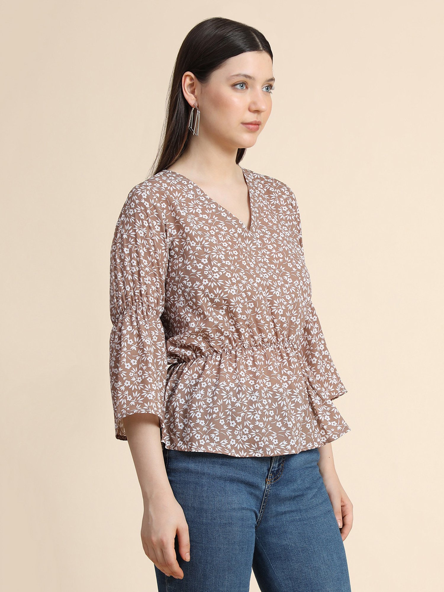 KERI PERRY Light Brown Floral Print Top