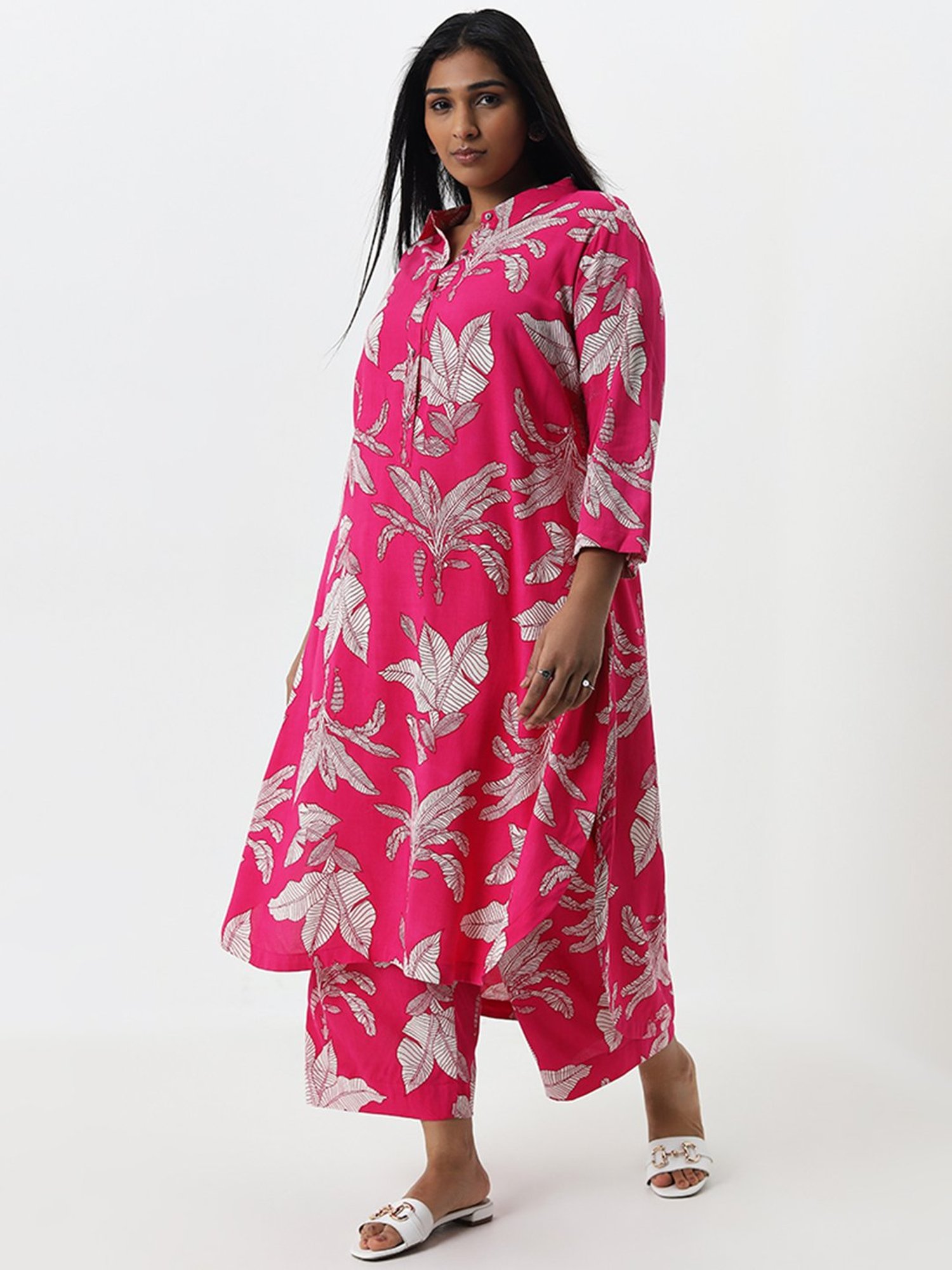 Diza by Westside Magenta Foliage Printed High-Rise Cotton Ethnic Pants