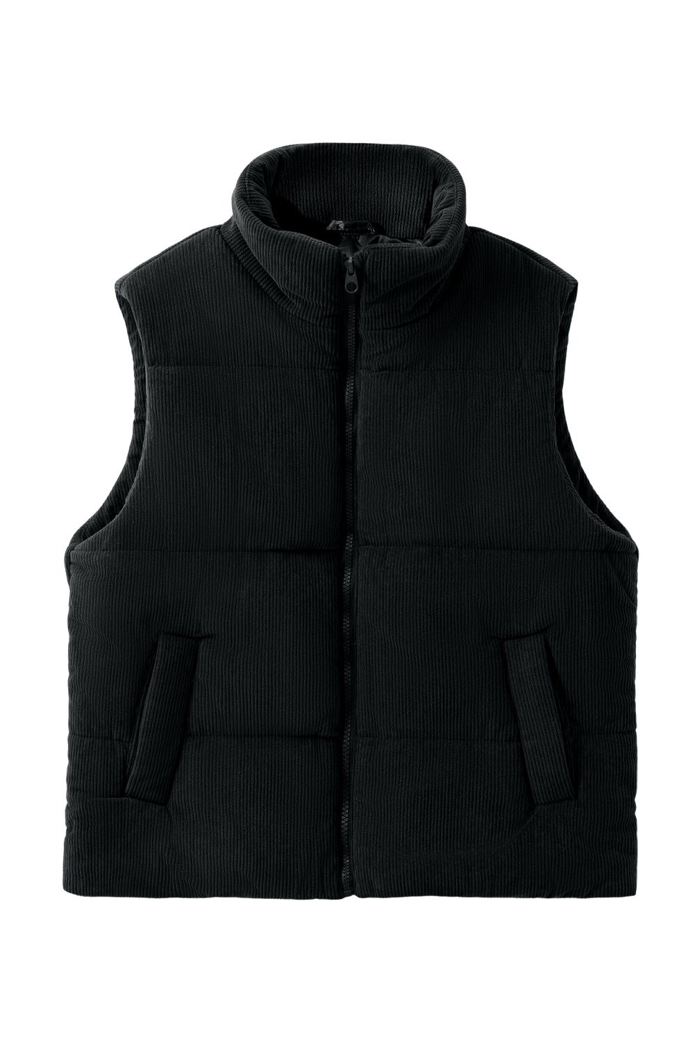 Black Solid Color Corduroy Puffer Vest Coat