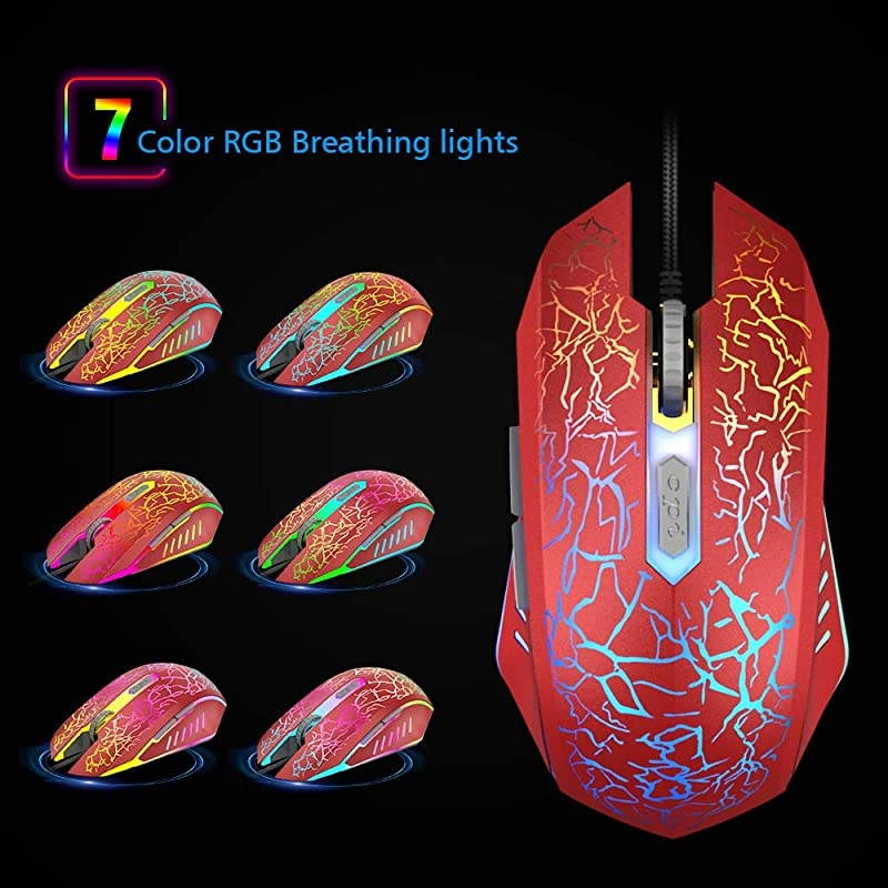 Wired Gaming Mouse, Ergonomic USB Optical Mouse Mice with Chroma RGB Backlit, 1200 to 3600 DPI for Laptop PC Computer Games & Work &ndash; Red