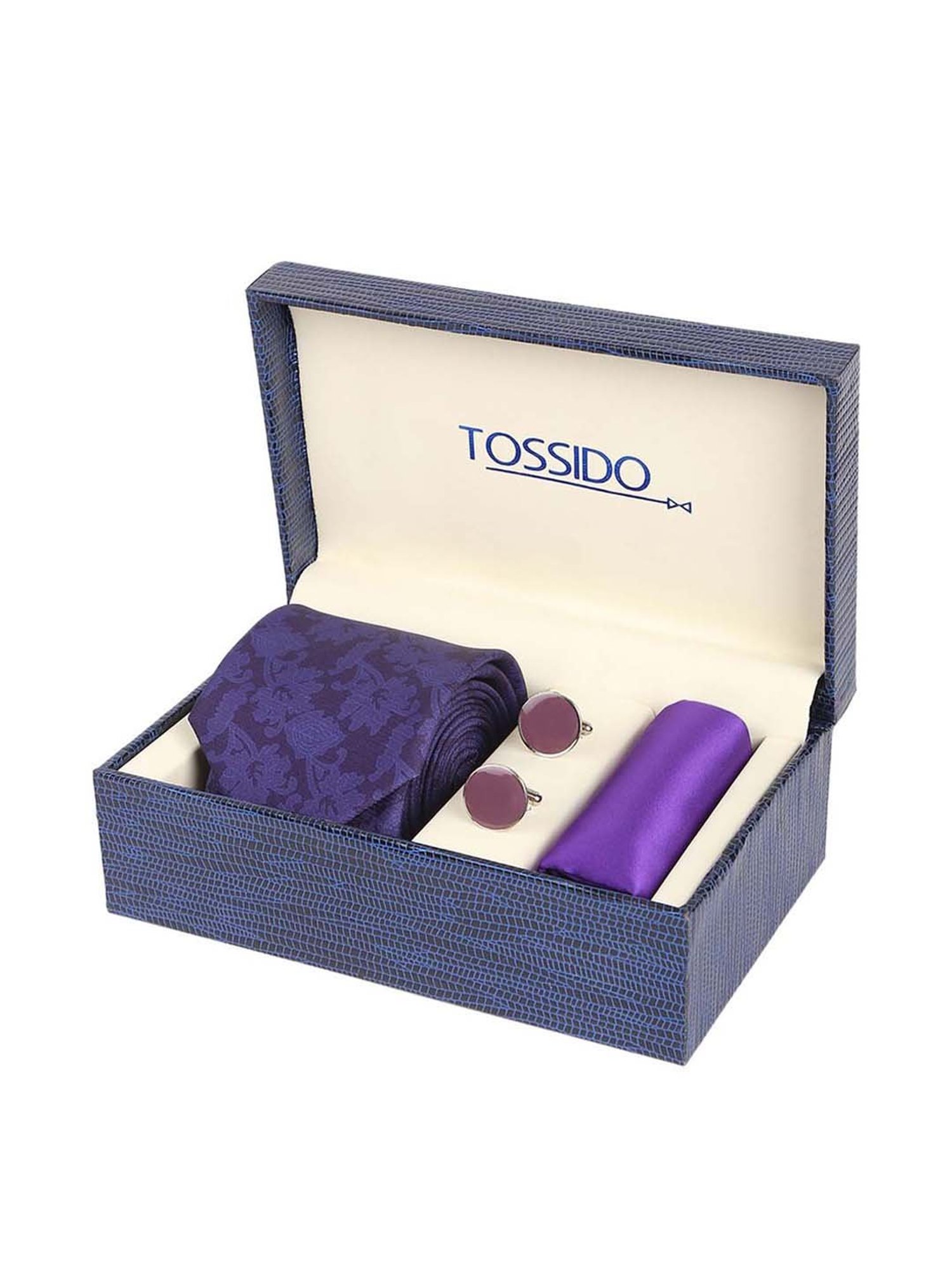 Tossido Purple Woven Necktie With Pocket Square and Cufflinks