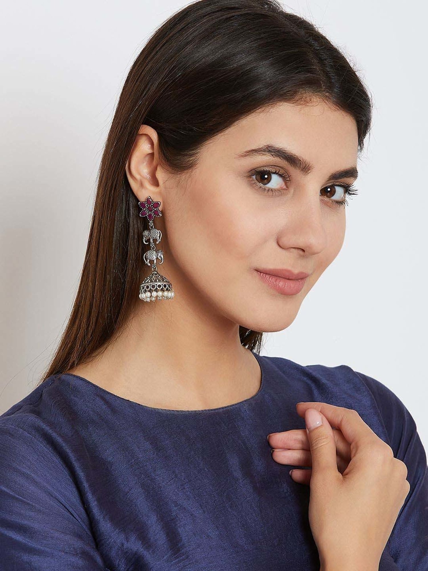 Panash Silver-Plated Pearl Oxidized Jhumki Earrings