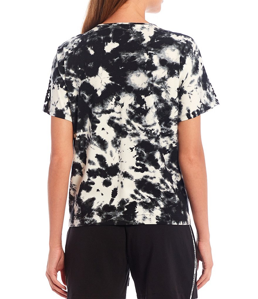 KARL LAGERFELD PARIS Printed Tie-Dye Jersey Mesh Logo Sleeve Top