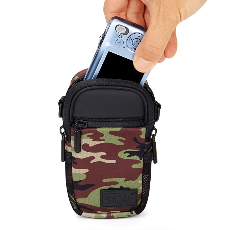 Compact Camera Case Camo Green Point and Shoot Camera Bag with Accessory Pockets Rain Cover and Shoulder StrapCompatible with Sony CyberShot Canon PowerShot ELPH Nikon COOLPIX and More