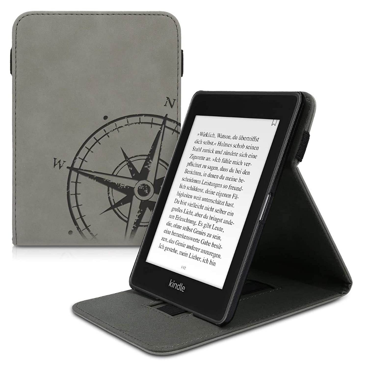 kwmobile Cover Compatible with Amazon Kindle Paperwhite (10. Gen - 2018) - Faux Nubuck Leather e-Reader Case with Built-in Hand Strap and Stand - Navigational Compass Grey