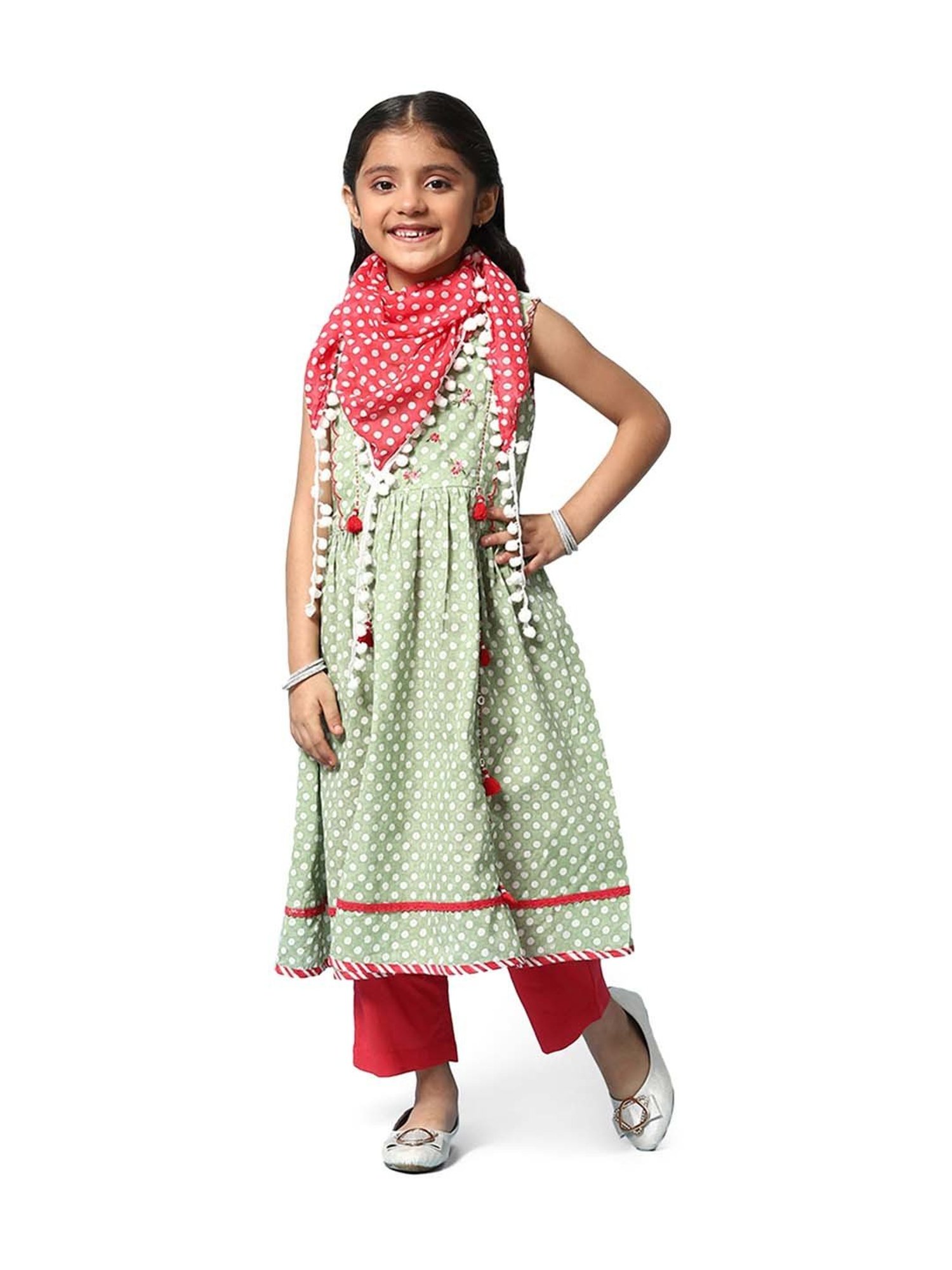 BIBA Girls Green & Red Cotton Printed Kurta Set