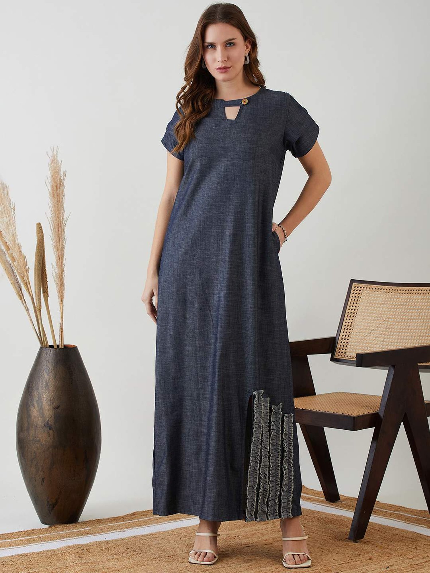 The Kaftan Company Navy Cotton Maxi Dress