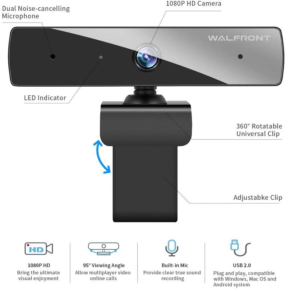 1080P Webcam with Microphone, HD PC Web Camera for Computer Desktop Laptop, 95&deg; Wide Angle USB Streaming Webcam with Plug and Play Multi-Compatible for Video Conference Recording Online Class