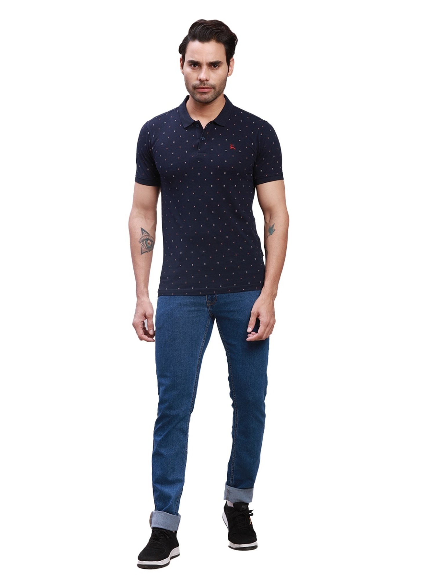 Parx Navy Cotton Regular Fit Printed Polo T-Shirt