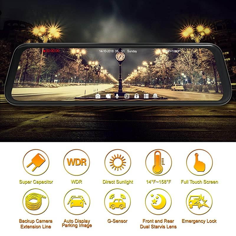 Mirror Dash Cam Dual Sony Starvis 1080P Front & Backup Camera 9.66" IPS Touch Screen Mirror Camera, G-Sensor, WDR and Night Vision