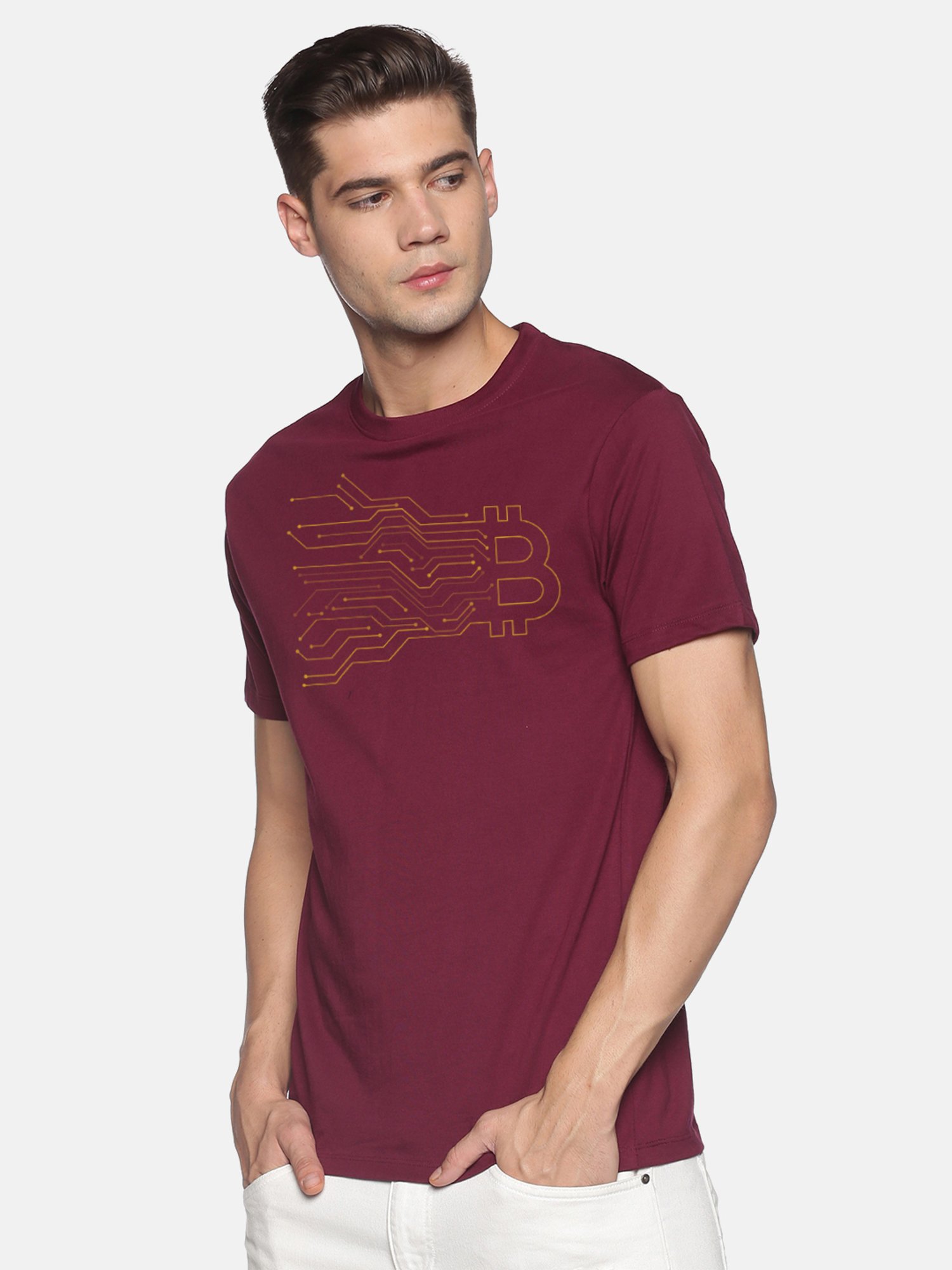 BLACK RADIO Maroon Slim Fit Printed Cotton Crew T-Shirt
