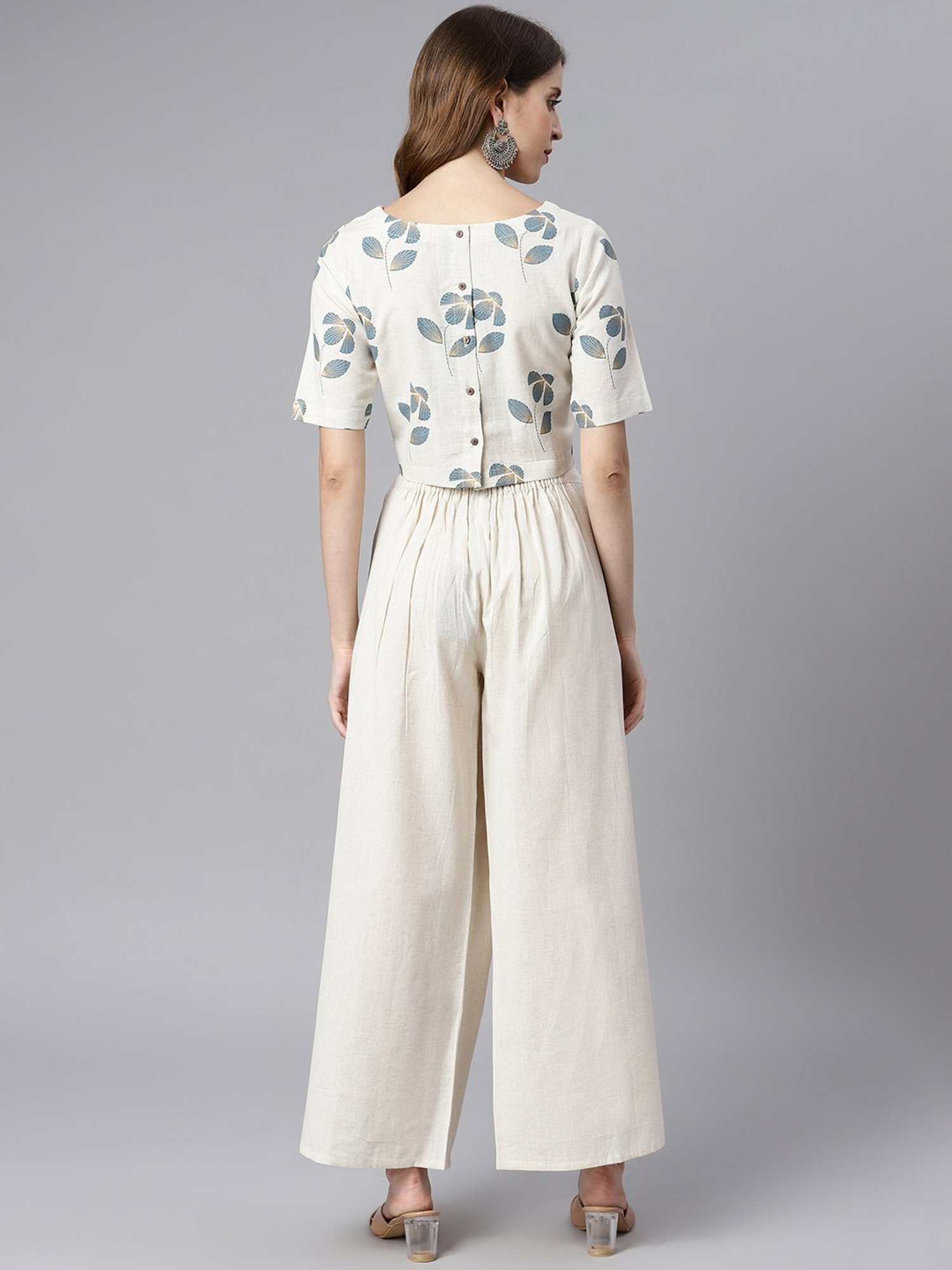 Janasya Beige Round Neck Crop Top & Palazzo Set