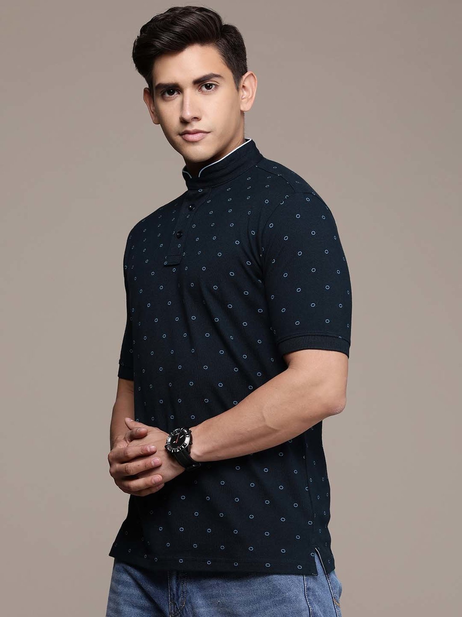 Burnt Umber Navy Regular Fit Printed Mandarin Collar T-Shirt