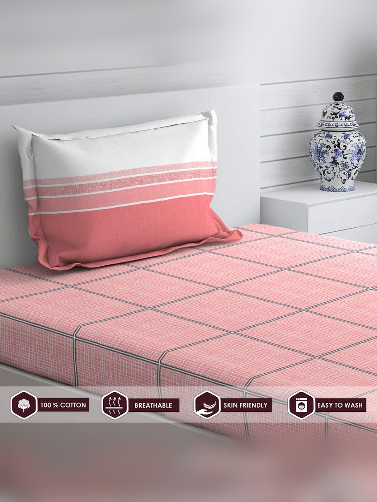 Layers Lombardy Checks Pink 140 TC Cotton Single Bed Sheet with 1 Pillow Cover