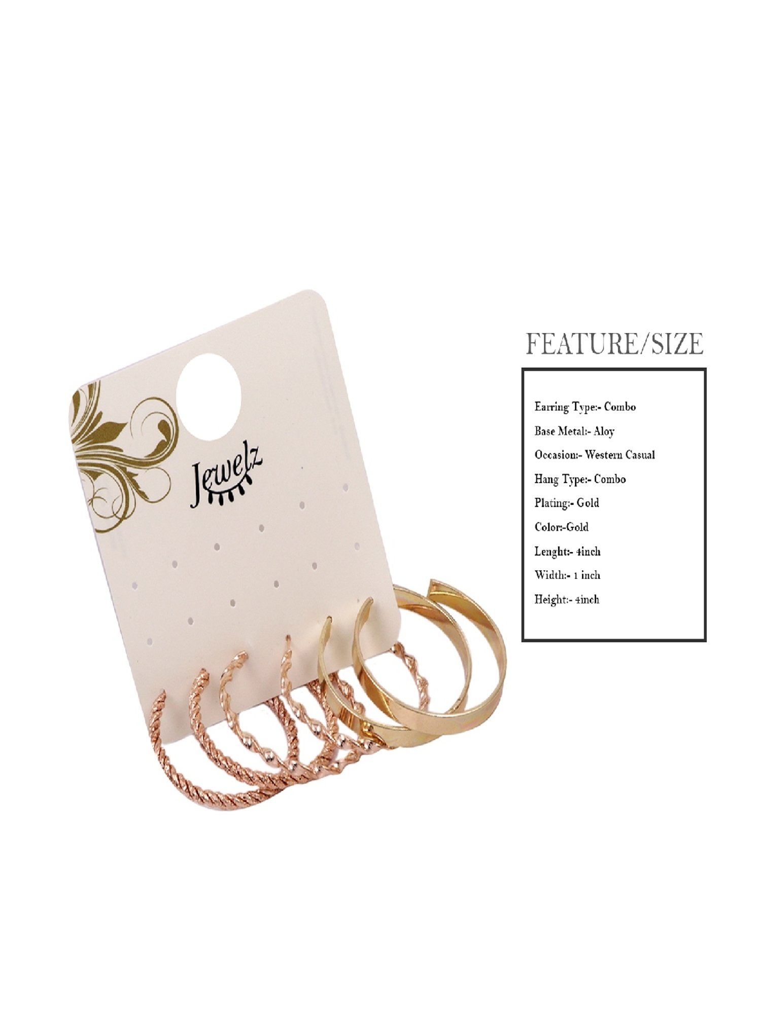 Jewelz Pack of 3 Gold Plated Hoop Earrings Set for Women